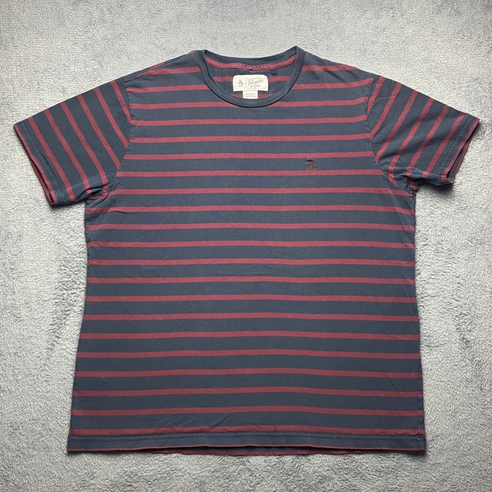 Original Penguin T-shirt Mens XL Striped Navy Blue Burgundy Short Sleeve tee